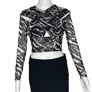⭐Naked Wardrobe Mesh Crossover Long Sleeve Black White Zebra print Cropped Top S